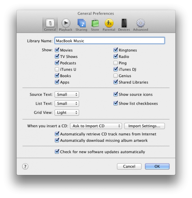 The General tab in the iTunes preferences window.