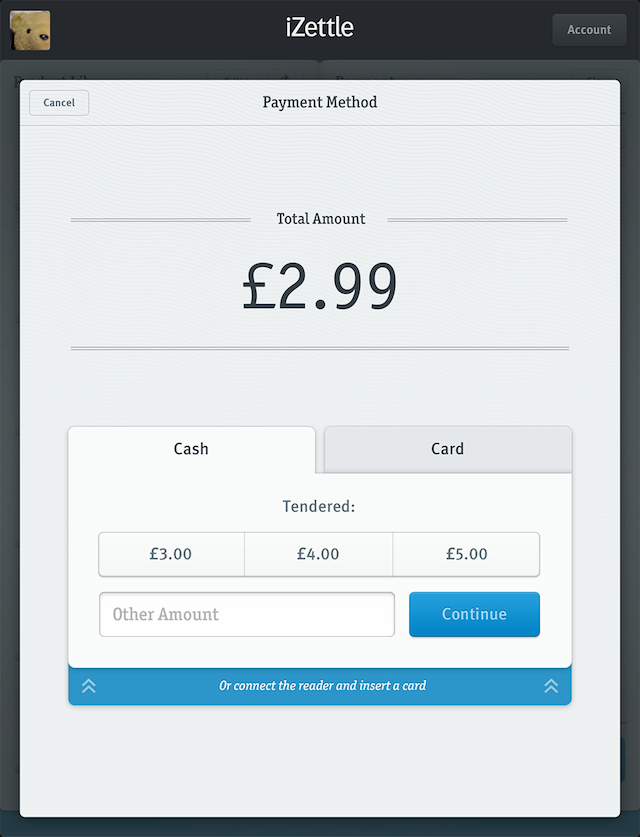 The iZettle payment screen. A total of £2.99 is displayed, and three buttons below the total show £3, £4, and £5 options.