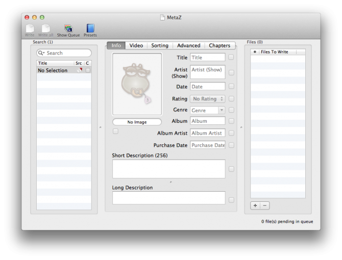 Screenshot of MetaZ's main interface. The main section has a form that has the same metadata fields as iTunes.