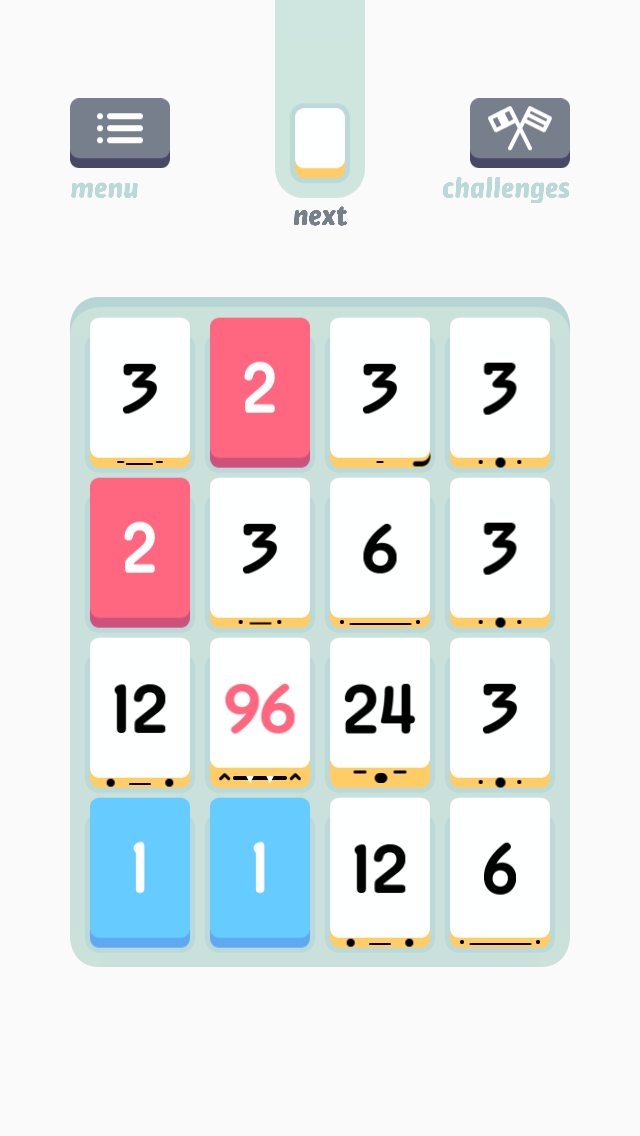 Screenshot of Threes. It's a 4x4 grid of 3D tiles where the front edge of the tiles each have a different face.