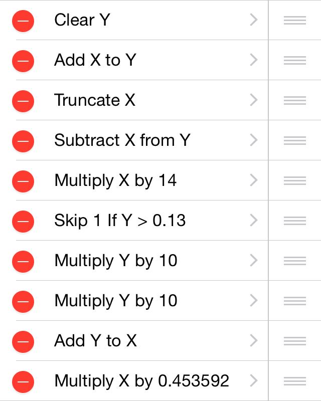 Steps in PCalc to build the stone to kilogram function