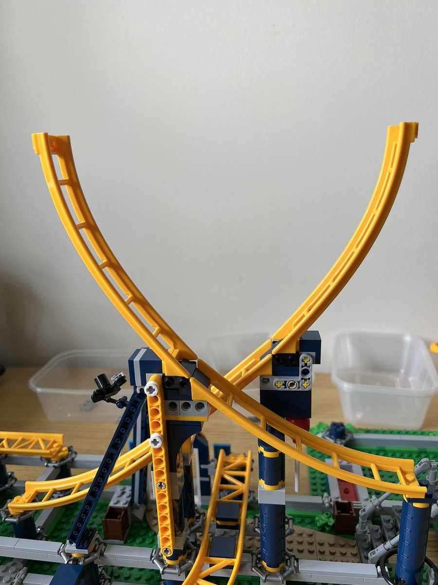 A half finished loop of a lego roller coaster