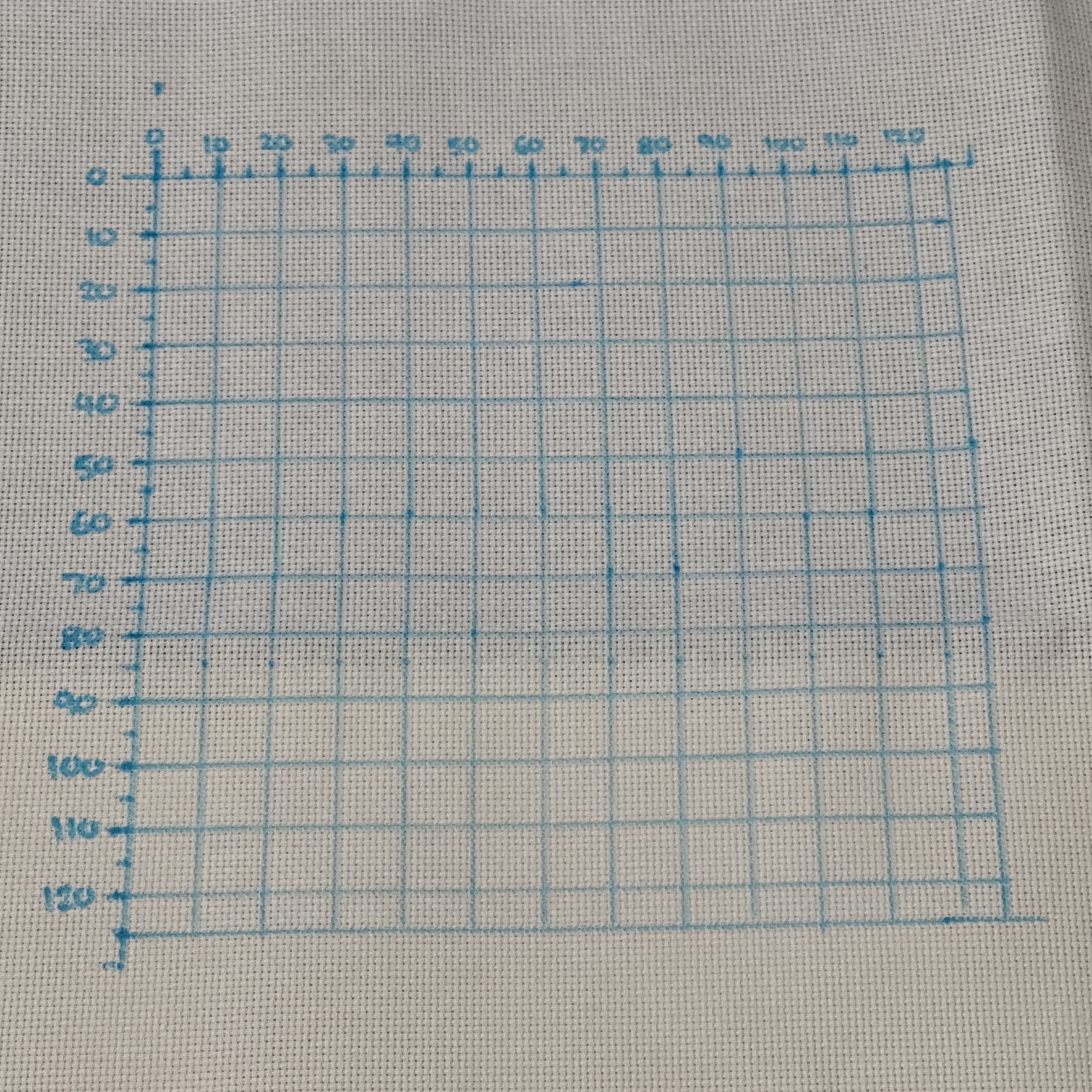 A piece of white cross stitch fabric with a grid drawn on in blue.