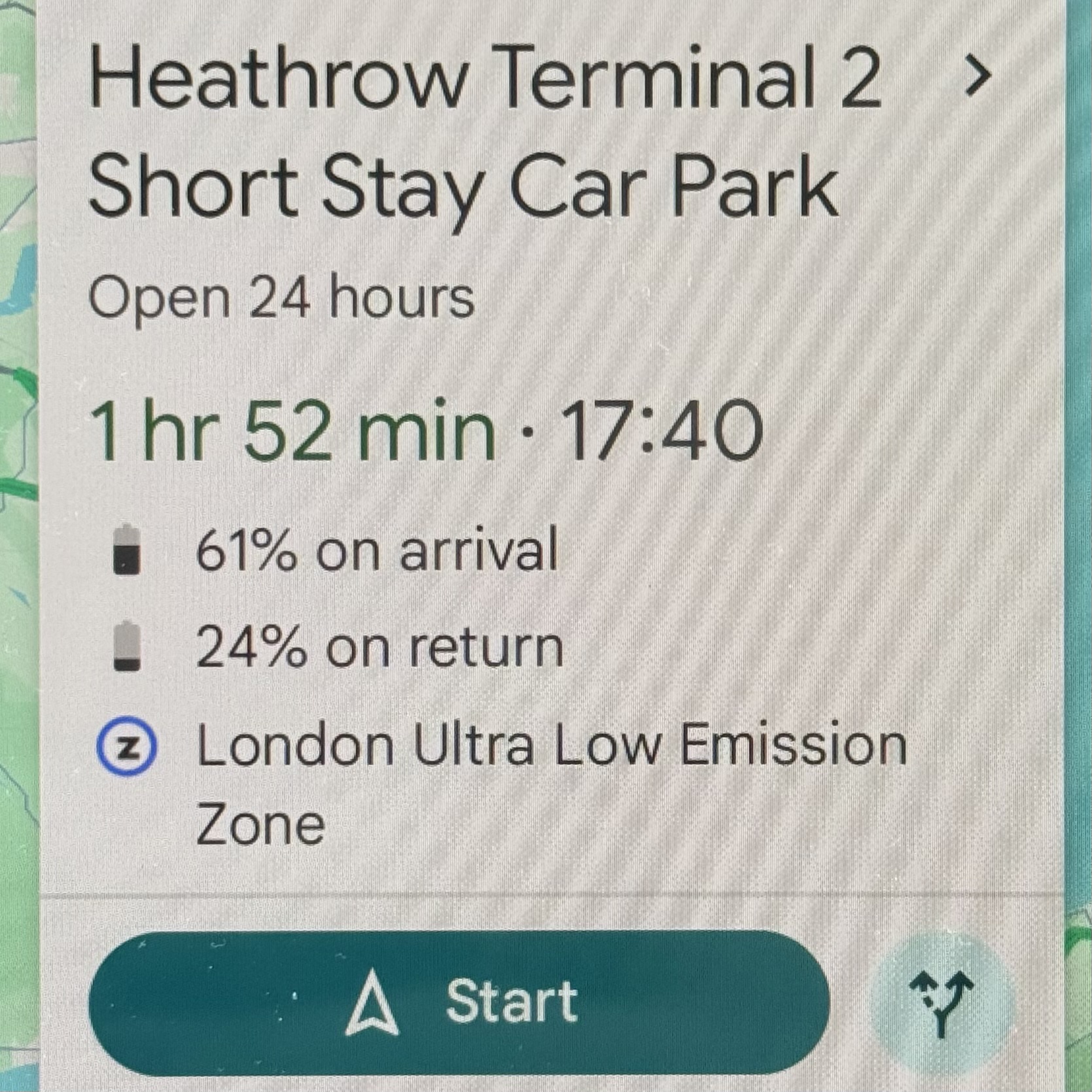Google maps navigation to Heathrow terminal 2. It estimates arriving with 61% battery and returning with -24%.